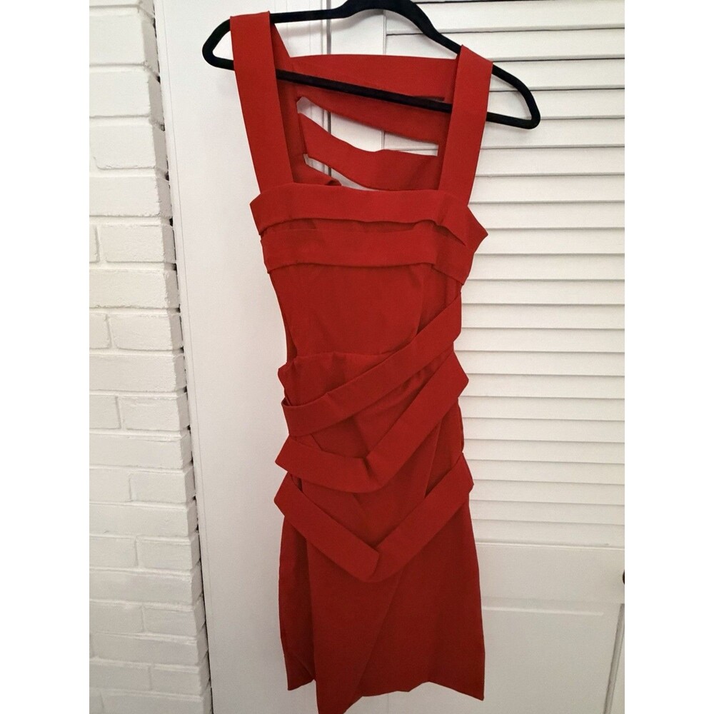 Preen By Thornton Bregazzi Dress Womens L Red Ruched Bodycon Halter Luxury